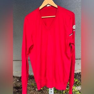 Moncler Red Long Sleeve V-Neck Sweater